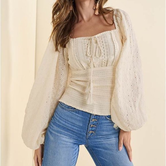 Venus light cream Top Smocked Eyelet Tassel, Plus Size, 3X - Picture 1 of 1